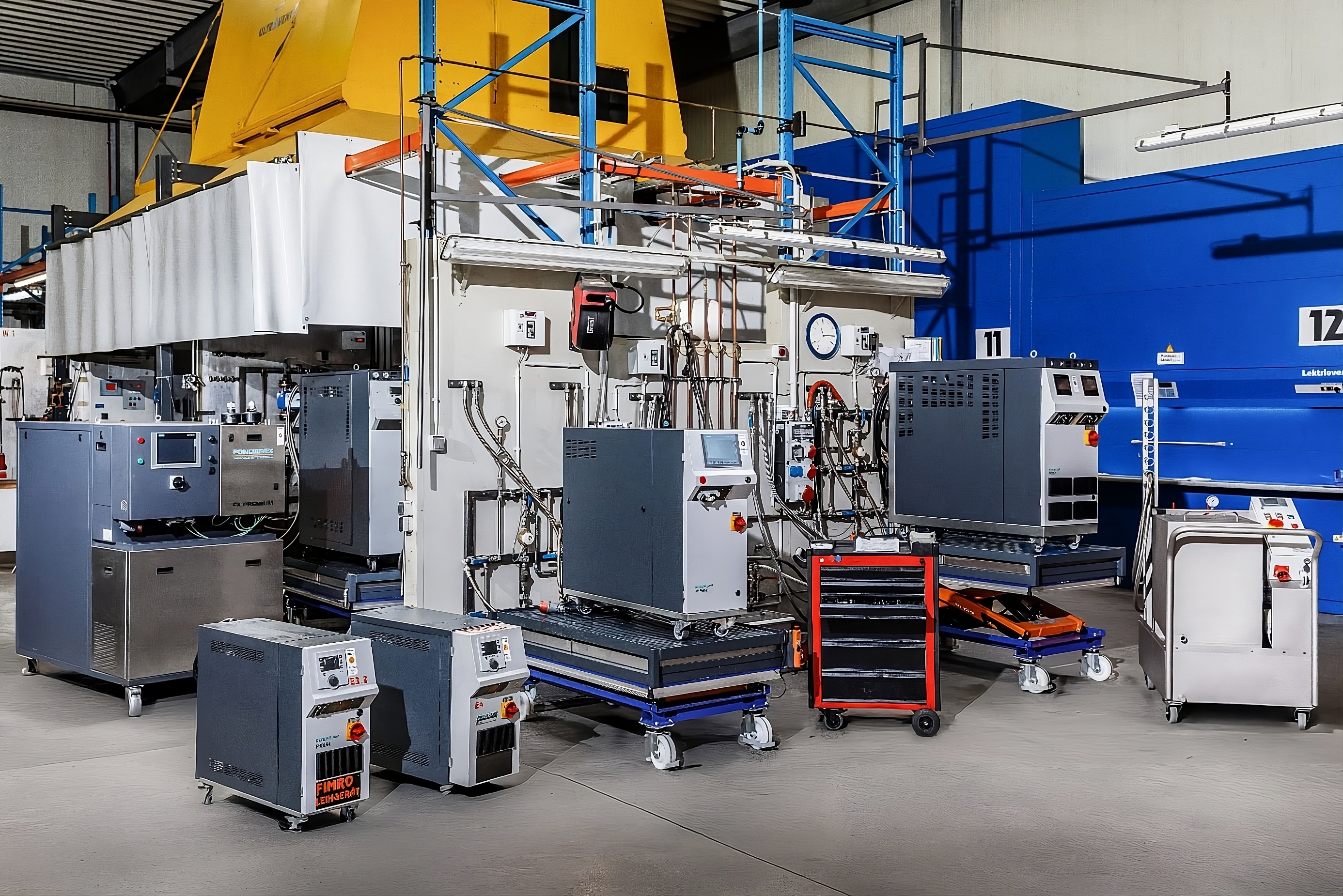 Industrielle Anlage mit mehreren Maschinen, darunter ein großer gelber und blauer Apparat im Hintergrund